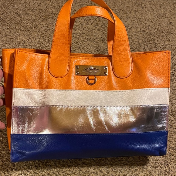 My Flat In London Leather Orange, Cream, Silver, and Blue Leather Tote - Picture 1 of 10